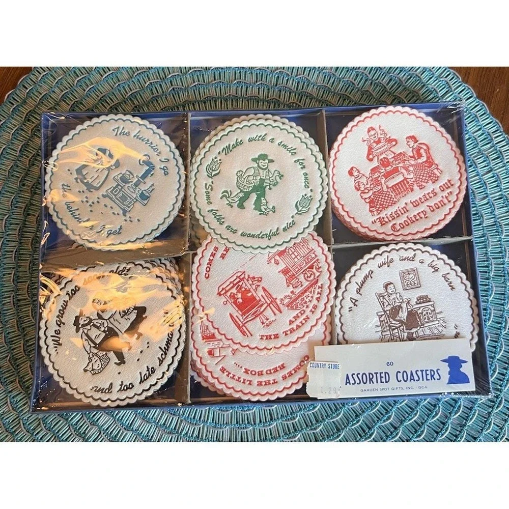 Vtg Amish Garden Spot Gifts Paper Coasters Set 60 Pennsylvania Dutch Folk Art